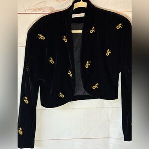 Elegant 90s Black Velvet Bolero Jacket with Gold Embroidery
